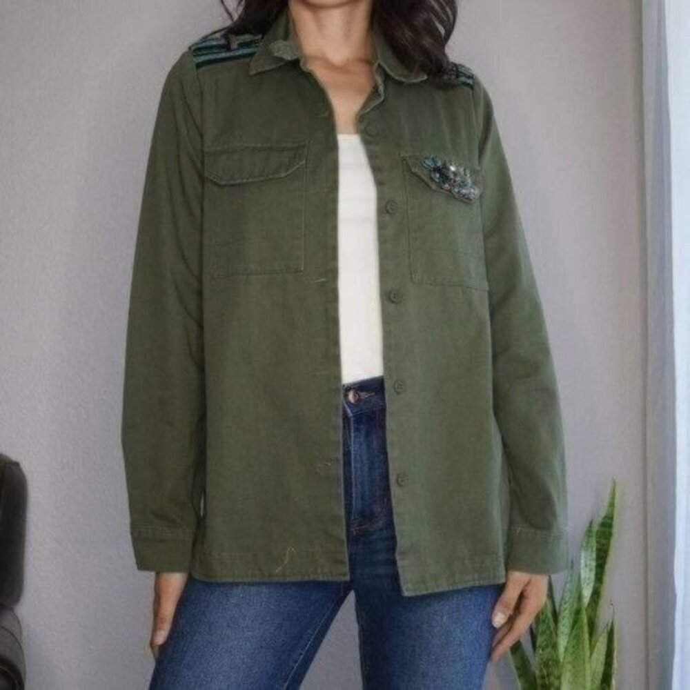aniina Olive Green Jacket ft Embroidered Upper Back & Rhinestone Details Size S